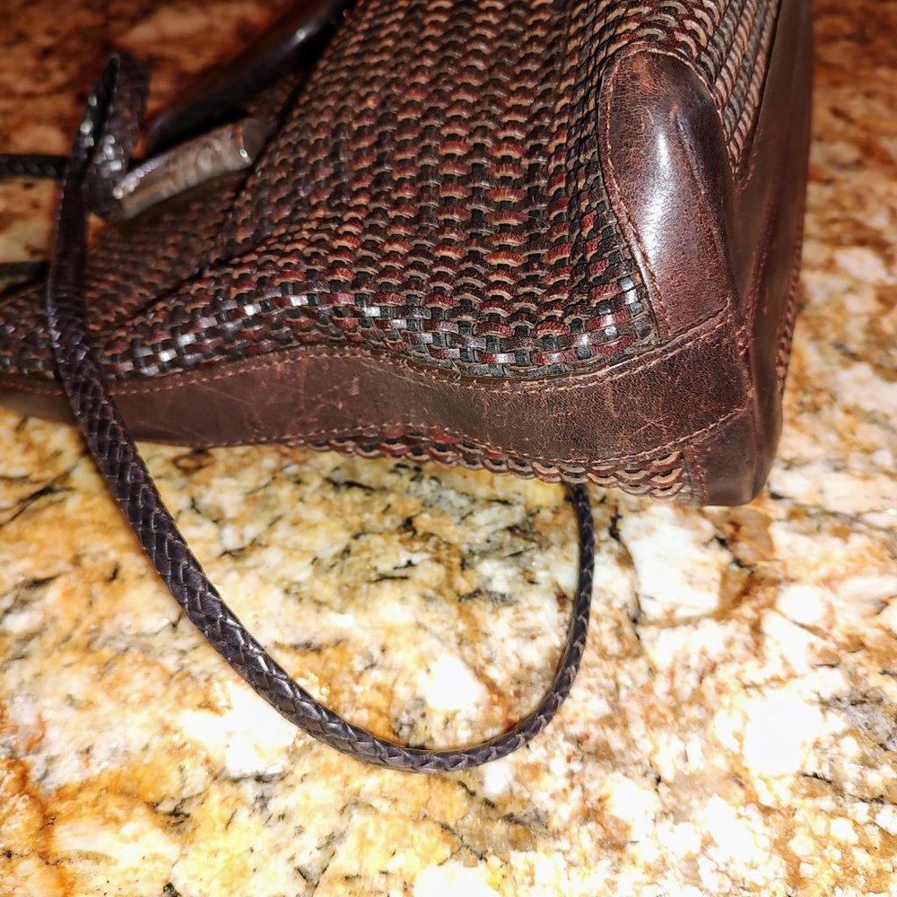 Brighton shoulder bag, brown weave with embossed panel, silver accents13X8" - Picture 11 of 15
